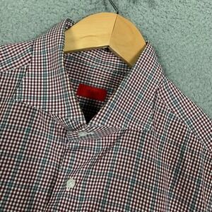 Isaia Napoli Dress Shirt Mens 17.5-44 Red/Gray Gingham Long Sleeve Collared